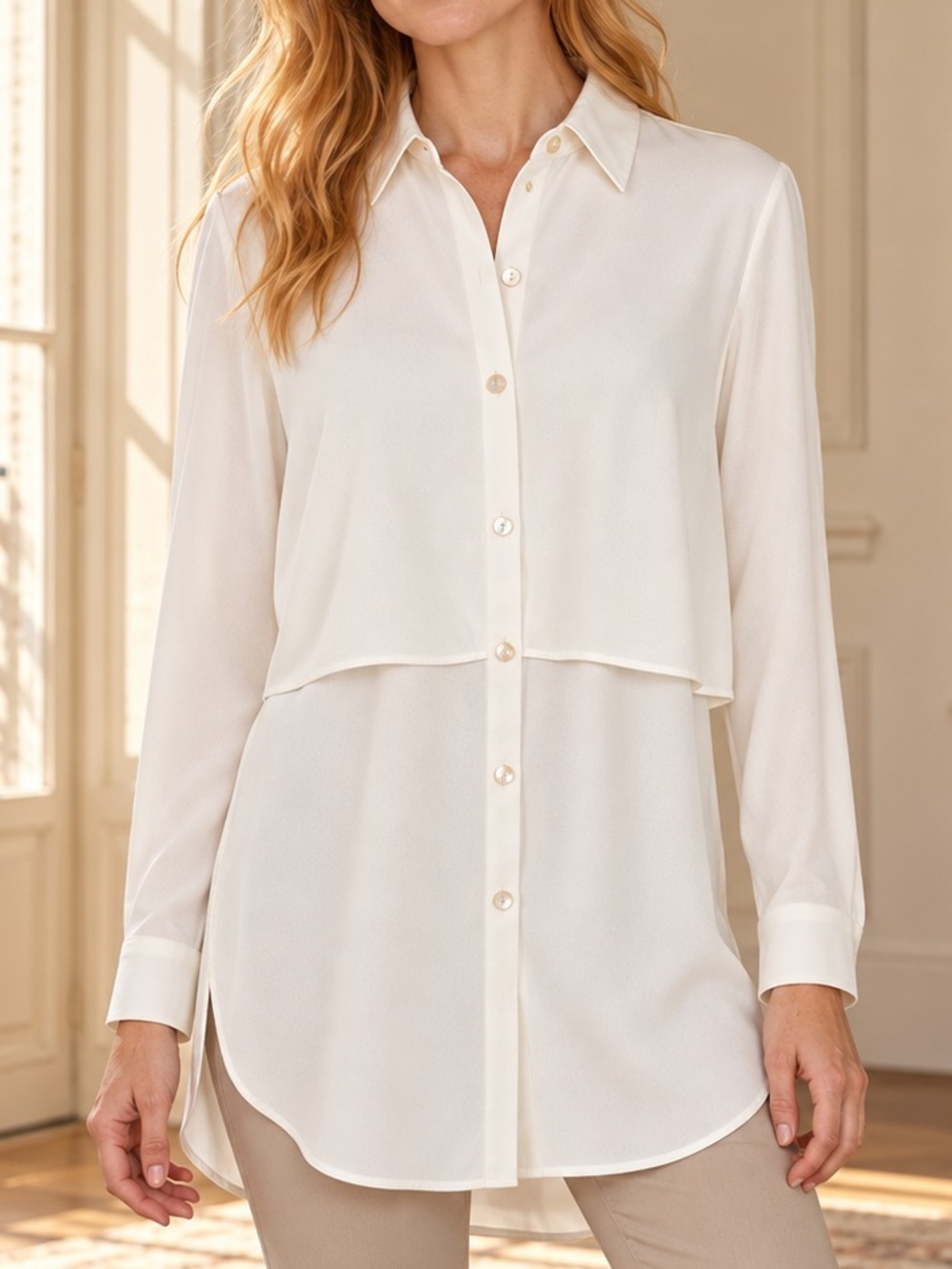 J. Jill Ivory Layered Button Front Long Sleeve Tunic Blouse XS